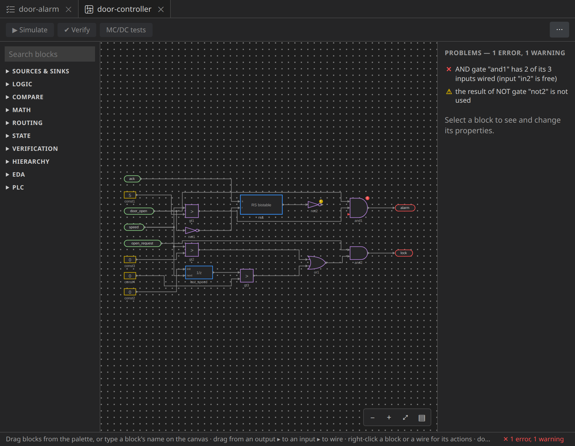 A wire missing: the AND gate marked, its free input red, the problems listed