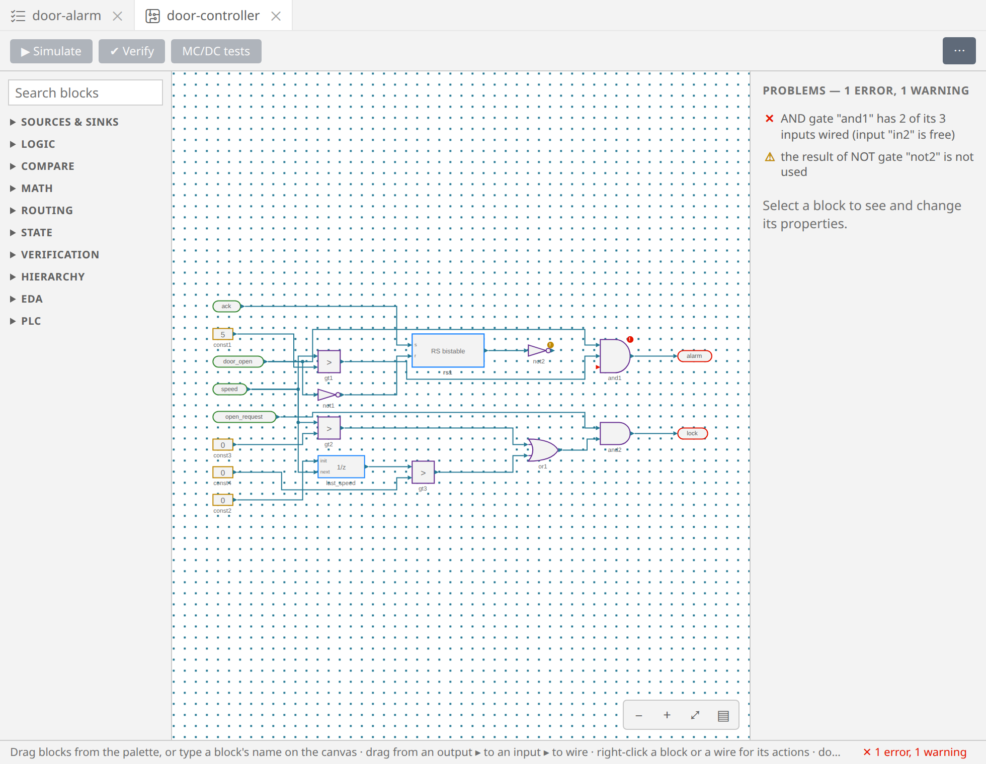 A wire missing: the AND gate marked, its free input red, the problems listed