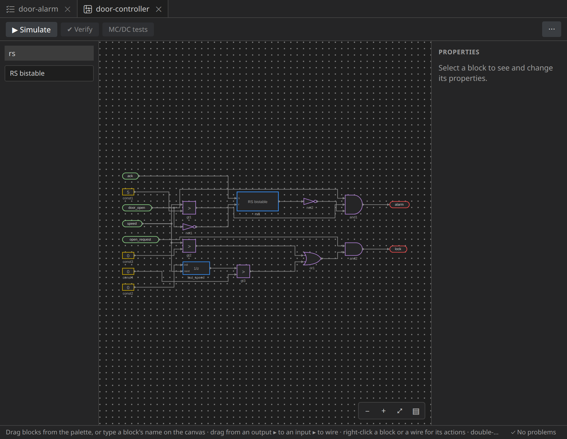 The palette searched for "rs": the RS bistable of the PLC library