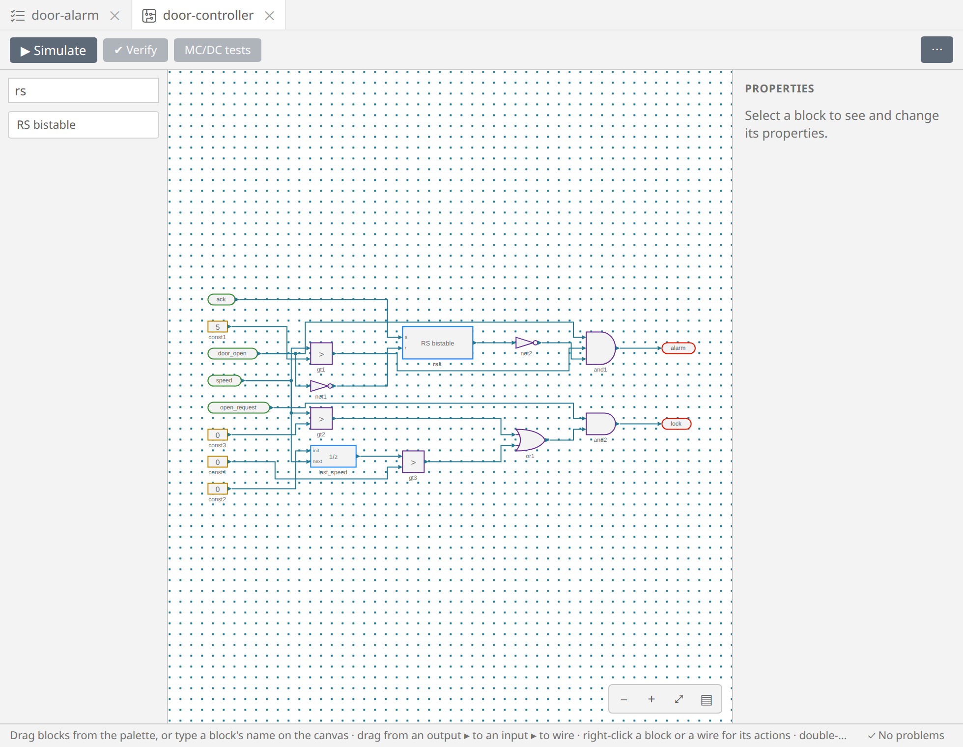 The palette searched for "rs": the RS bistable of the PLC library