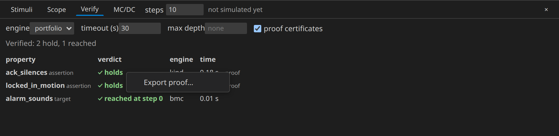 Proof certificates: the right-click menu of a property proved