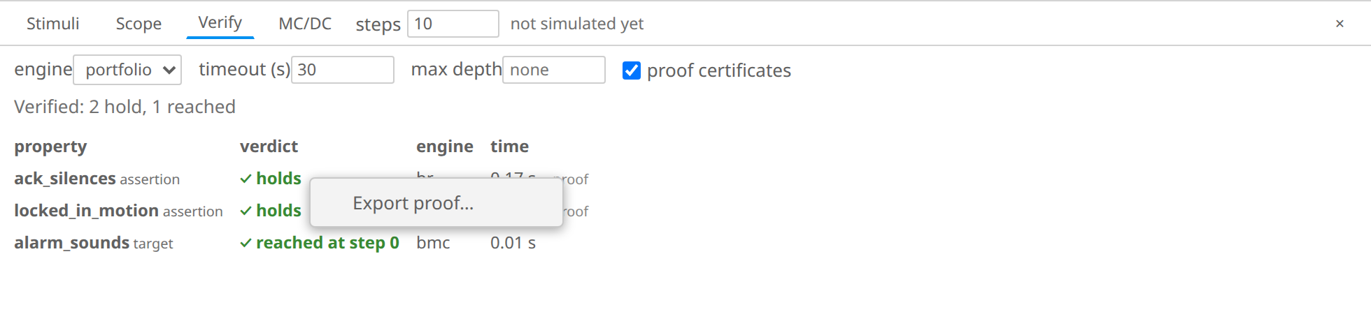 Proof certificates: the right-click menu of a property proved
